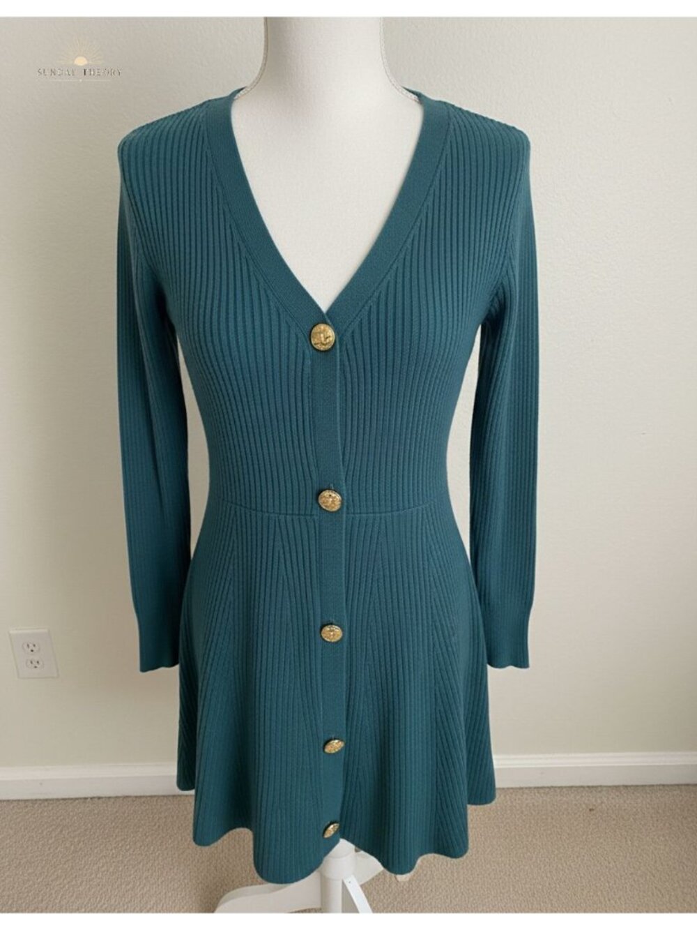Long Sleeve V Neck Sweater Mini Dress - Knit A-Line Button Front